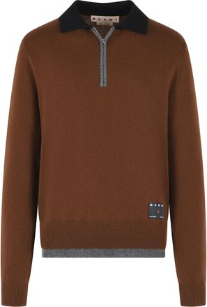 Marni Brown Cashmere Polo Shirt with Ribbed Collar