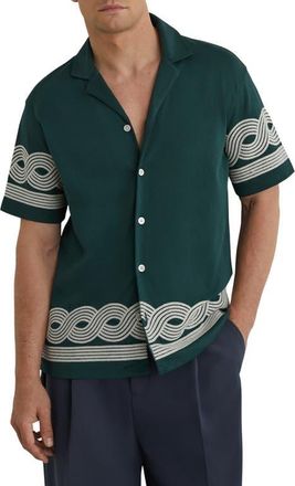 Reiss Arden Embroidered Cotton Blend Camp Shirt in Soft Sage Green at Nordstrom, Size Xx-Large