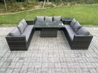 Fimous 9 Seater Outdoor Rattan Garden Furniture Sofa Set Patio Adjustable Rising Lifting Dining Table Set in Dark Grey