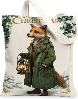 Generic Christmas Fox Canvas Tote Bags, Vintage Animal Design Reusable Grocery Bags, Lightweight Washable Shoulder Strap Canvas for, White, 13x15 Inch