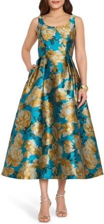 Tahari by ASL Brocade Sleeveless Cocktail Dress in Blue Sunflower at Nordstrom, Size 12