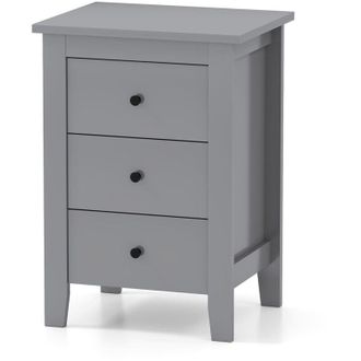Costway Bedside Table Wooden Nightstand End Side Table w/3 Drawers-Grey