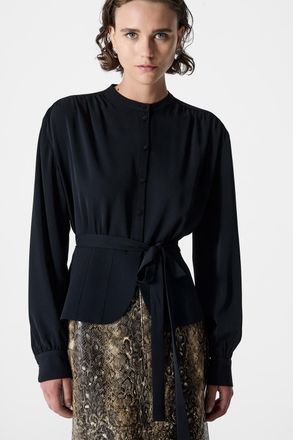 French Connection Womens Black Waist Tie Long Sleeve Blouse - Size 10 UK