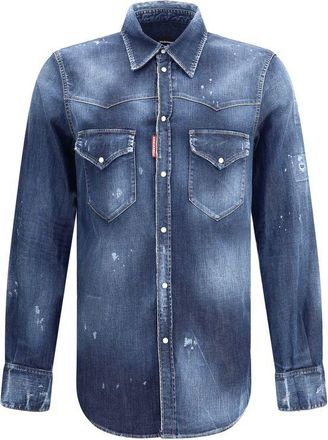 Dsquared2 Mens Denim Shirt Distressed Detailing - Medium Blue Cotton - Size EU 48 (Mens)