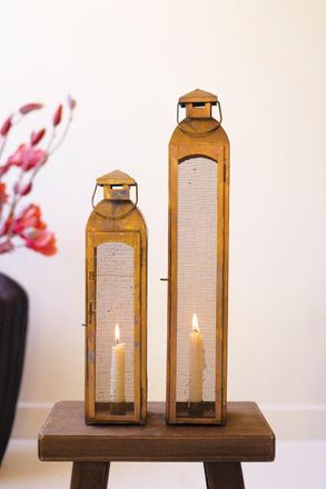 Kalalou Set Of Two Antique Brass Taper Candle Lanterns With Wire Screen
