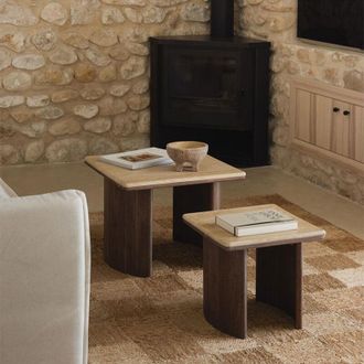 Sklum Sklum - Set De 2 Mesas Auxiliares Cuadradas En Travertino Y Madera De Acacia Casilda