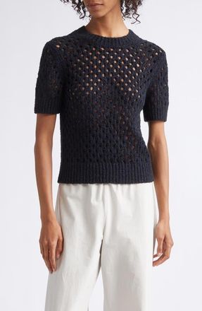 Vince Boxy Honeycomb Knit Short Sleeve Sweater in Black at Nordstrom, Size Xx-Small