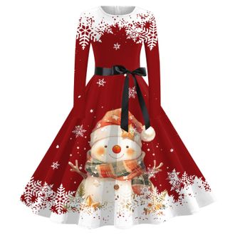 Generic Christmas Dress Women UK Xmas Santa Reindeer Snowflake Christmas Tree Printed A Line Dresses Long Sleeve Cocktail Girl Party Knee Length Dresses O Nec
