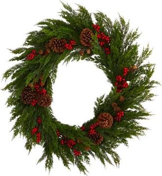 Nearly Natural 32-in Cypress with Berries and Pine Cones Artificial Wreath in Green at Nordstrom