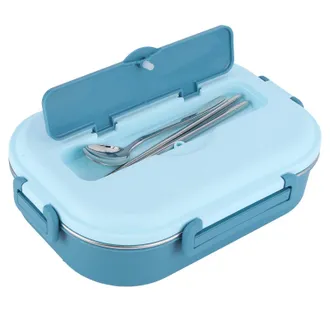 OEM Fiambrera Port&aacute;til De Acero Inoxidable Con 4 Compartimentos Y Taz&oacute;n Para Sopa, Fiambrera Para El Trabajo (con Cuchara Y Palillos) (azul)