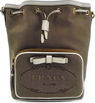 Prada Logo Jacquard Ribbon Canvas Bucket Bag Brown White