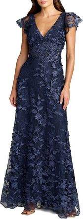 Mac Duggal Embroidered Applique Wrap Over Flutter Sleeve Gown in Midnight at Nordstrom, Size 18