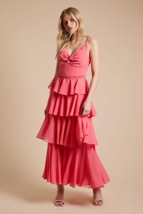 Oasis Womens Tiered Chiffon Plait Strap Maxi Dress - Orange - Size 10 UK