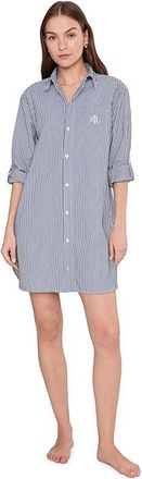 Lauren Ralph Lauren Long Sleeve Roll Tab His Shirt Sleepshirt Womens Pajama Navy Stripe : XL (US 16-18), Cotton