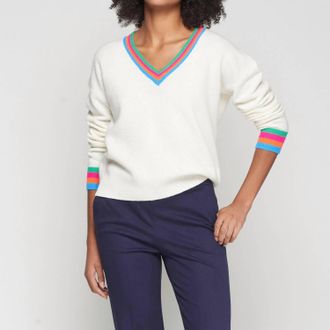 Vilagallo Multicolour Striped V-Neck Sweater In Ecru