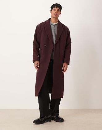 Asos Cappotto taglio lungo oversize bordeaux in misto lana-Rosso