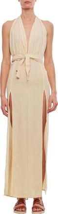 Caravana Beige Cotton Maxi Dress with Deep V Neckline and Slits