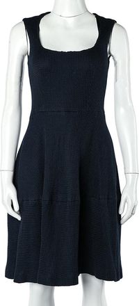 Carolina Herrera Navy Blue Textured Cotton Flared Dress