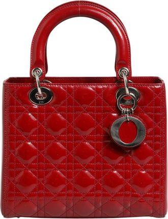 Dior Cherry Red Patent Leather Cannage Quilting Small Lady Dior Womens Bag (Pre-Owned)