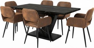 Urban Meuble Mesa de comedor con efecto m&aacute;rmol negro y 6 sillas marrones