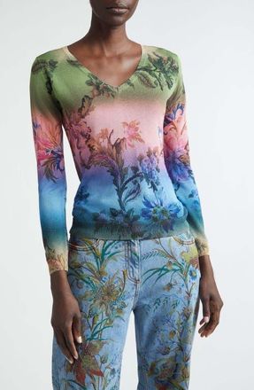 Etro Metallic Floral Ombr&eacute; V-Neck Sweater in Green at Nordstrom, Size 44