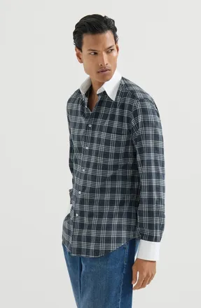 Brunello Cucinelli Cotton and lyocell tartan flannel shirt with contrast Italian collar and cuffs in Denim at Nordstrom, Size Xxx-Large