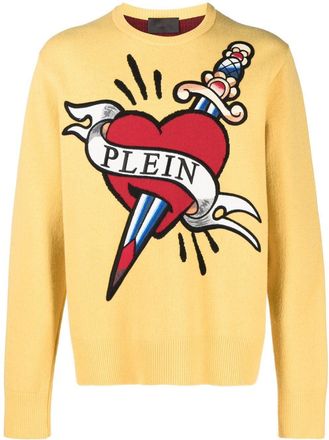 Philipp Plein heart & dagger intarsia-knit jumper - men - Wool - XXXXL - Yellow