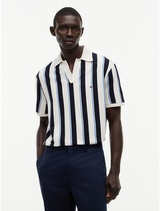 Tommy Hilfiger Mens Classic Fit Open Placket Crepe Polo - Ivory Petal/Navy - L