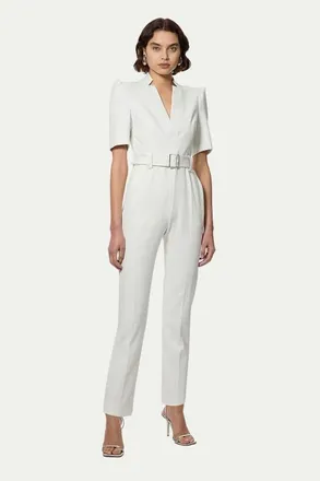 Karen Millen Structured Crepe Forever Belted Jumpsuit in Ivory at Nordstrom, Size 12