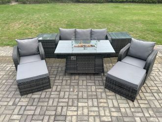 Fimous Wicker Rattan Garden Furniture Sofa Set Gas Fire Pit Dining Table Indoor Outdoor with 2 Side Table Chair 2 Big Footstool in Dark Grey