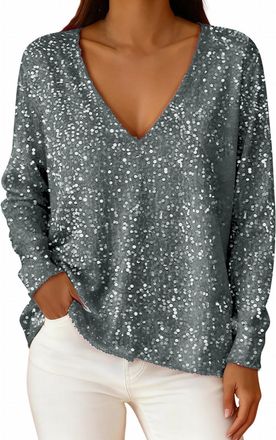 Generic Glitter Tops for Women UK Trendy Long Sleeve V Neck Sparkly Sequin Tunic T Shirts Slim Fit Elegant Evening Club Going Out Holiday Blouse Night Outfits