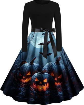 Generic Halloween Costumes Adult Women, Ladies Halloween Dress Retro Pumpkin Skeleton Print Long Sleeve A Line Swing Dress Black Vintage Skull Witch Rockabill