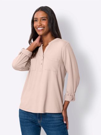 Heine Langarmshirt HEINE Shirtbluse, Damen, Gr. 34, beige (puder), 95% Viskose, 5% Elasthan, unifarben, Rundhals, Shirts Langarmshirt
