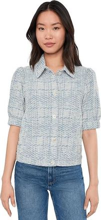 Liverpool L.A. Short Puff Sleeve Jacket Womens Jacket Cream Blue Plaid : LG, Cotton/Elastane/Polyester