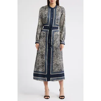 Ciebon Coco Mixed Zebra Print Midi Shirtdress in Navy at Nordstrom, Size X-Small