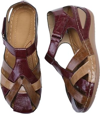 Generic Womens Comfortable Wedge Sandals Summer Womens Sandals Arch Support Retro Round Head Slope Heel Flat Casual Leather Walking Shoes Orthopedic Closed To