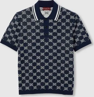 Gucci GG Cotton Knit Jacquard Polo Shirt, Size XXXL, Blue, Ready-to-wear
