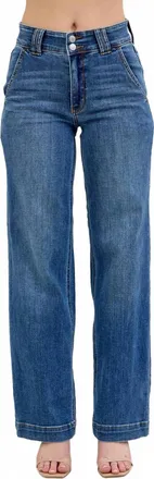 Judy Blue High Waist Double Button Wide Leg Jeans In Medium Wash