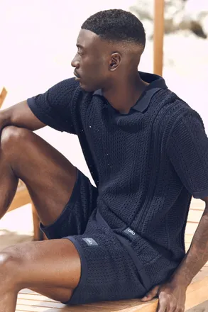 Alo | Coastline Knit Short Sleeve Polo Top in Navy, Size: Medium