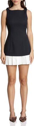 Avec Les Filles Pleated Drop Waist Mixed Media Minidress in Navy And White at Nordstrom, Size 10