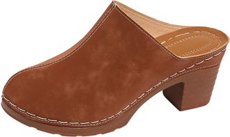 Generic Womens Suede Leather Clogs Chunky Block Heel Closed Toe Slip on Backless Mules Sandals Comfortable Wide Fit Antil Slip Slide Loafers Lightweight Heele