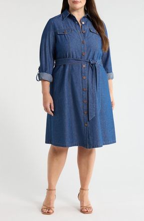 Jones New York Denim Tie Waist Midi Shirtdress in Aries Wash at Nordstrom, Size 1 X