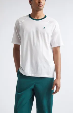 Ami Ami de Coeur Embroidered Cotton Ringer T-Shirt in Blanc Naturel/vert Sapin at Nordstrom, Size X-Large