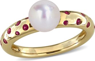 Mimi & Max 7-7.5mm Cultured Freshwater Pearl and 1/3ct TGW Created Ruby Ring in 14k Yellow Gold