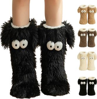 Generic Muffle Friends Cozy Socks, Womens Winter Warm Fuzzy Non-Slip Slipper Socks with Cute Big Eyes, Thick Fleece Indoor Home Floor Socks (Black)