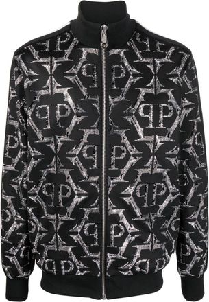 Philipp Plein rhinestone-embellished zip-up jacket - men - Polyester/Spandex/Elastane - M - Black