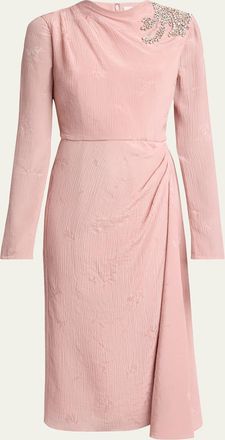 Erdem Long Sleeve Draped Beaded Patch Midi Dress