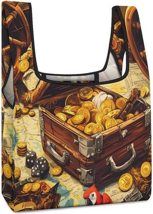 Generic Treasure And Parrot Reusable Shopping Bags Lightweight Foldable Grocery Bag Polyester Washable Tote Bag