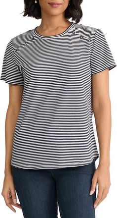 Jones New York Button Shoulder Stripe Stretch Cotton T-Shirt in Pacific Navy/natural White at Nordstrom, Size X-Small