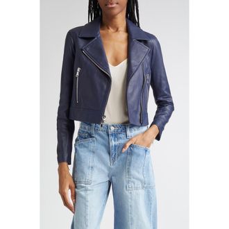L'agence Onna Crop Leather Biker Jacket in Navy at Nordstrom Rack, Size Small